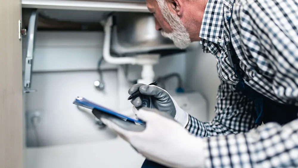 A plumber examining plumbing pipes under a sink.